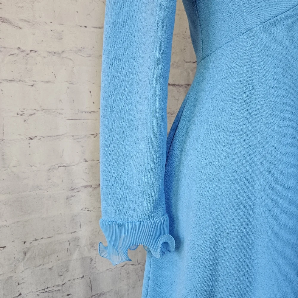 Vintage 70s Sky Blue Micropleat Ruffle Long Sleeve Maxi Dress ILGWU Madein USA - Picture 7 of 12